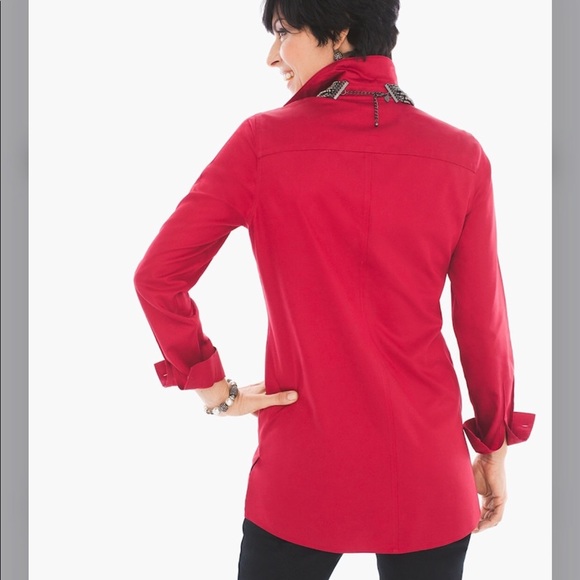 CHICO’S RED NO-IRON SATEEN LONG SLEEVE SHIRT - Picture 4 of 16